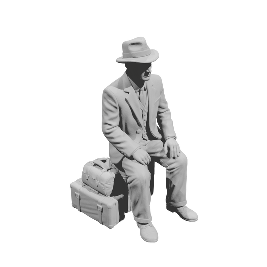 MM1495 Seated Gentleman on Suitcase with Fedora