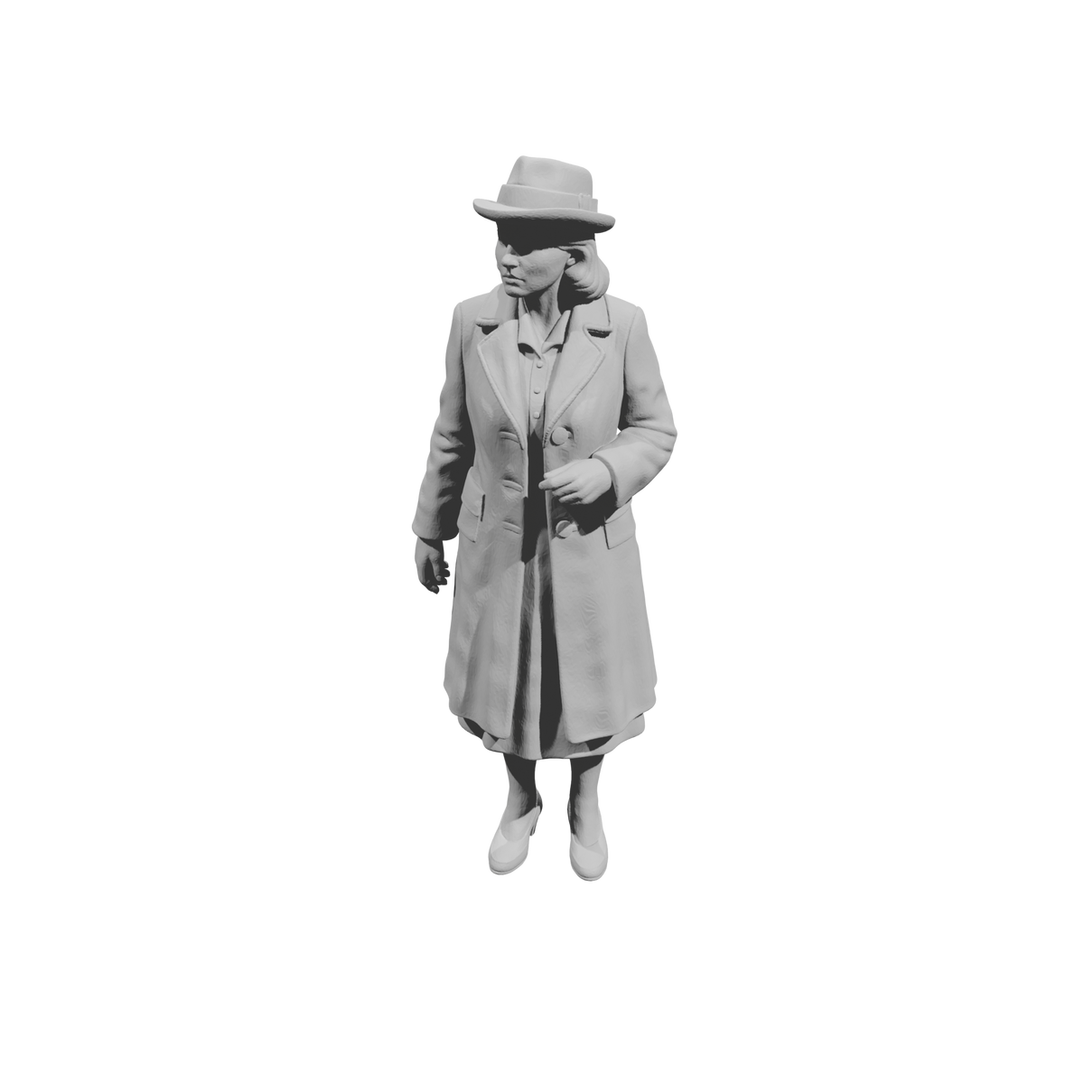 MM1480 Standing Woman in Overcoat and Fedora Hat Looking Sideways