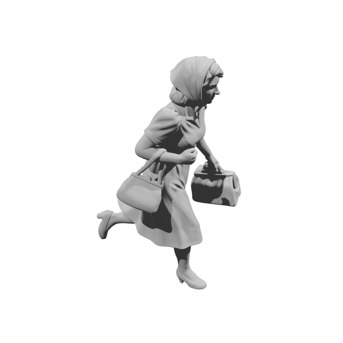 MM1490 Running Woman in Dress with Headscarf Carrying Handbag and Travel Bag