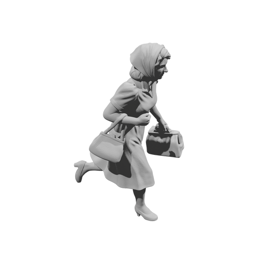 MM1490 Running Woman in Dress with Headscarf Carrying Handbag and Travel Bag