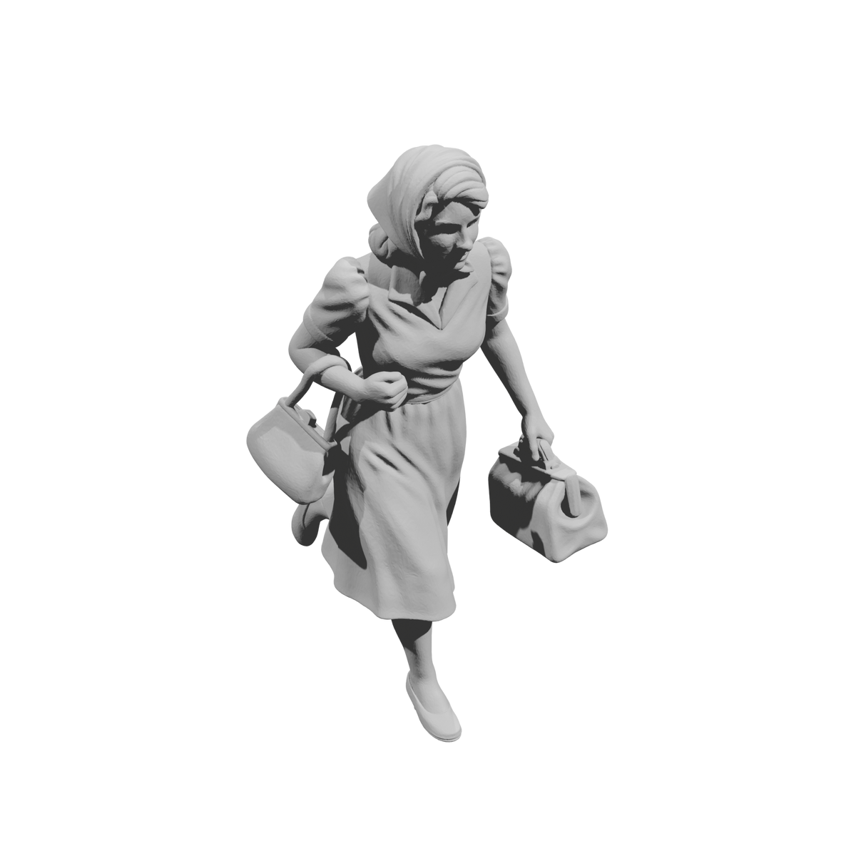 MM1490 Running Woman in Dress with Headscarf Carrying Handbag and Travel Bag