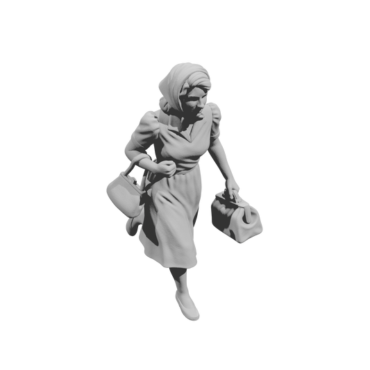 MM1490 Running Woman in Dress with Headscarf Carrying Handbag and Travel Bag
