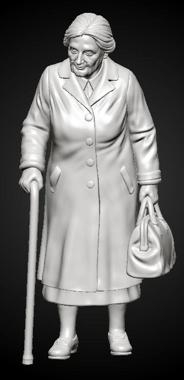 MM1482 Elderly Woman Walking with Cane and Handbag Looking Down