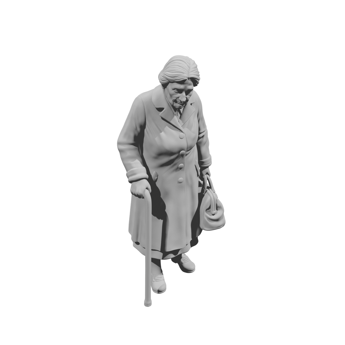 MM1482 Elderly Woman Walking with Cane and Handbag Looking Down