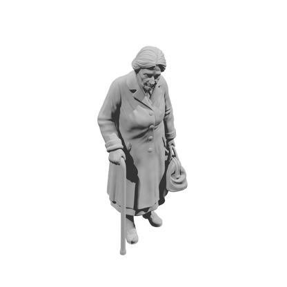 MM1482 Elderly Woman Walking with Cane and Handbag Looking Down