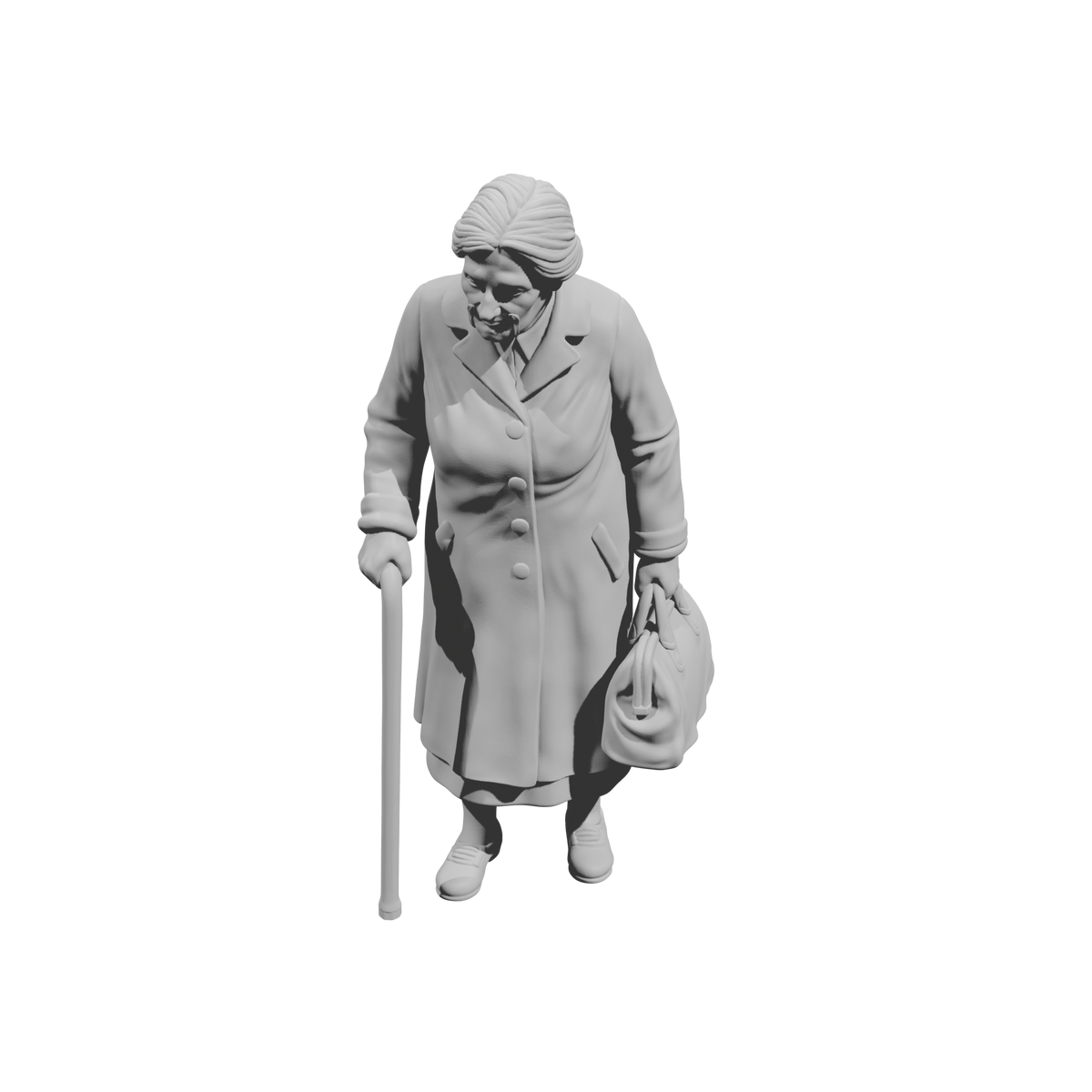 MM1482 Elderly Woman Walking with Cane and Handbag Looking Down