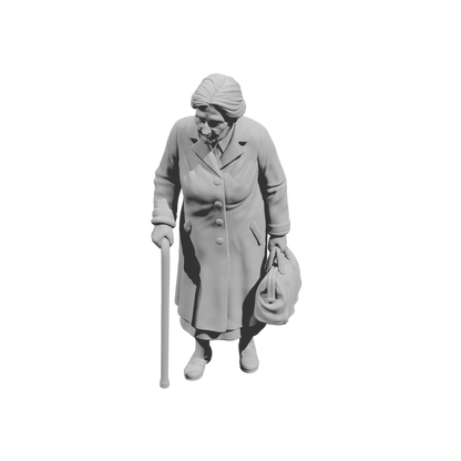 MM1482 Elderly Woman Walking with Cane and Handbag Looking Down