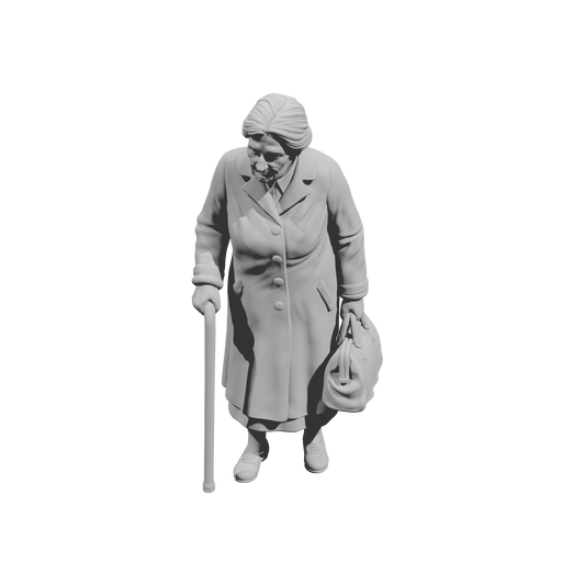 MM1482 Elderly Woman Walking with Cane and Handbag Looking Down