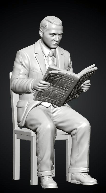 MM1486 Seated Gentleman in Suit Reading Newspaper on Chair