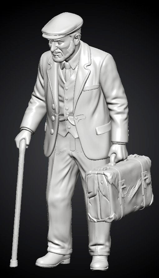 MM1489 Elderly Gentleman with Flat Cap Walking with Cane and Suitcase