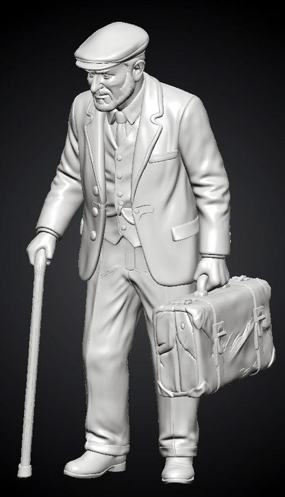 MM1489 Elderly Gentleman with Flat Cap Walking with Cane and Suitcase