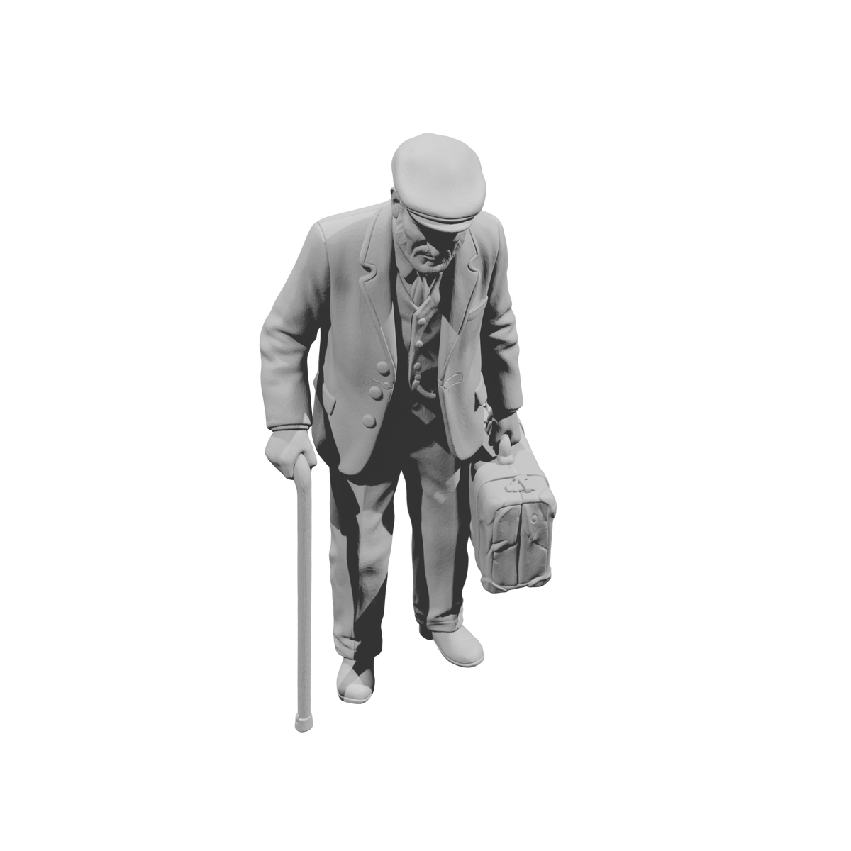 MM1489 Elderly Gentleman with Flat Cap Walking with Cane and Suitcase