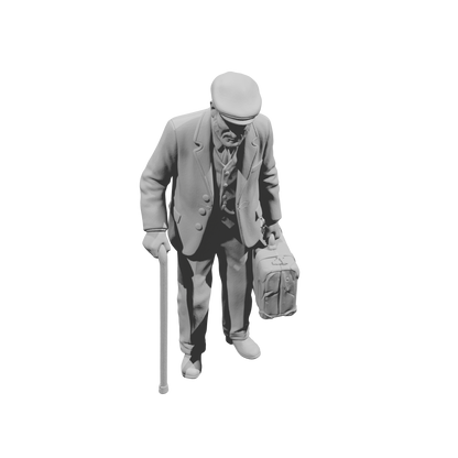 MM1489 Elderly Gentleman with Flat Cap Walking with Cane and Suitcase