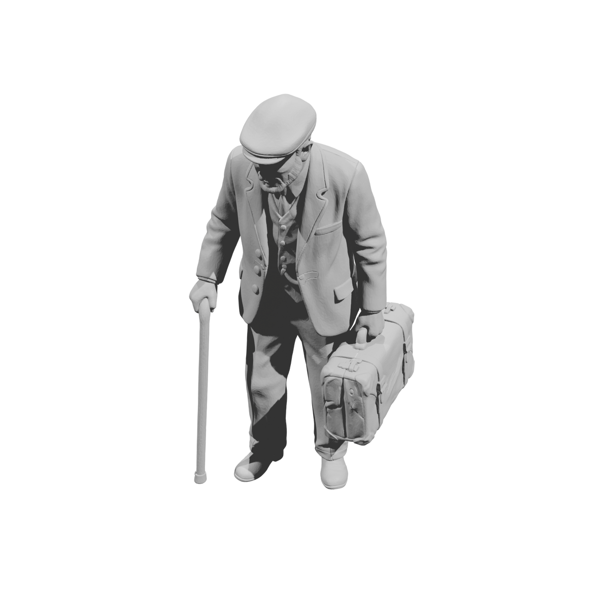 MM1489 Elderly Gentleman with Flat Cap Walking with Cane and Suitcase
