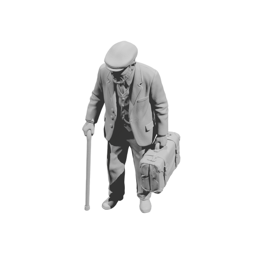 MM1489 Elderly Gentleman with Flat Cap Walking with Cane and Suitcase