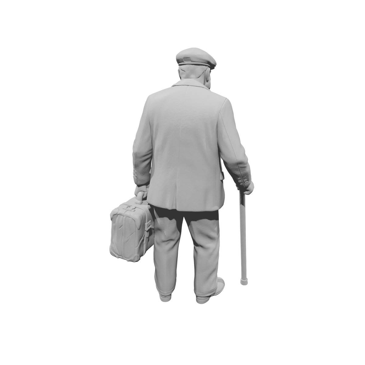 MM1489 Elderly Gentleman with Flat Cap Walking with Cane and Suitcase