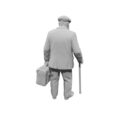 MM1489 Elderly Gentleman with Flat Cap Walking with Cane and Suitcase