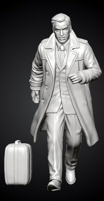 MM1487 Running Gentleman in Trench Coat Hurrying with Suitcase