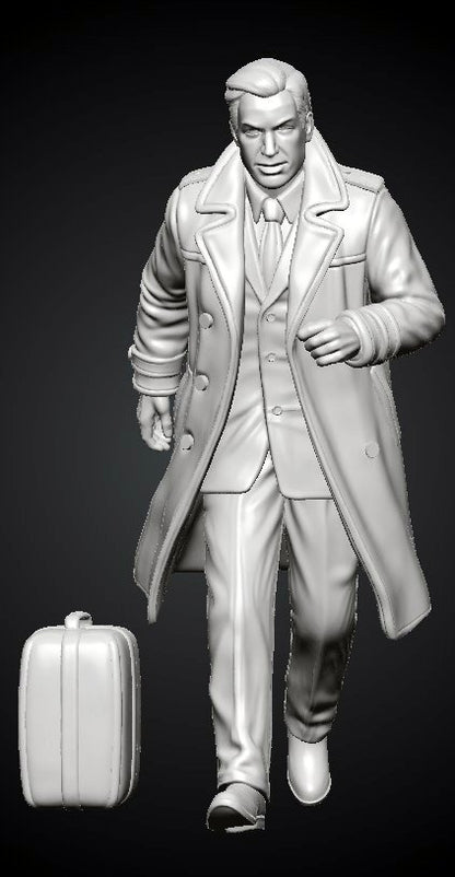 MM1487 Running Gentleman in Trench Coat Hurrying with Suitcase