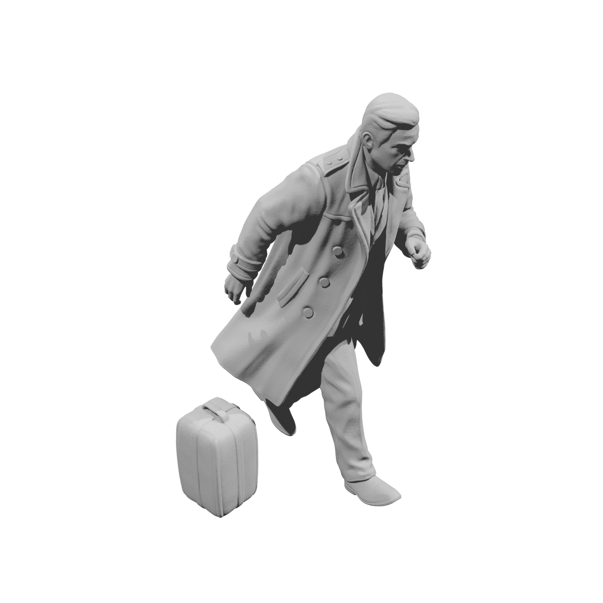 MM1487 Running Gentleman in Trench Coat Hurrying with Suitcase