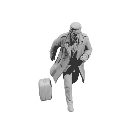MM1487 Running Gentleman in Trench Coat Hurrying with Suitcase