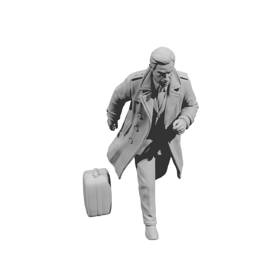 MM1487 Running Gentleman in Trench Coat Hurrying with Suitcase