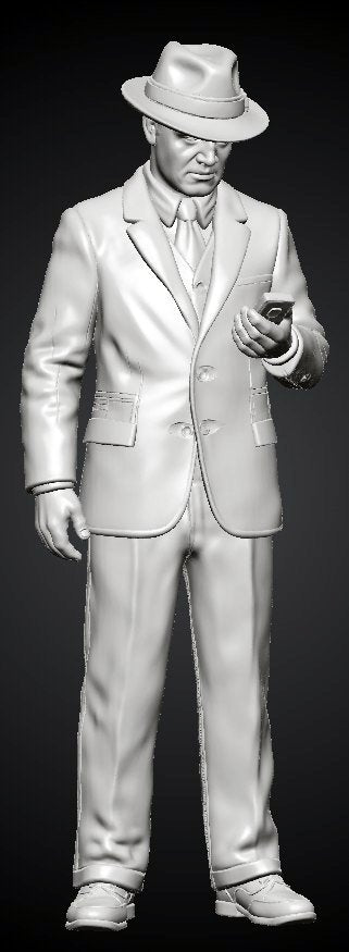MM1485 Standing Gentleman in Suit and Fedora Looking at Pocket Watch