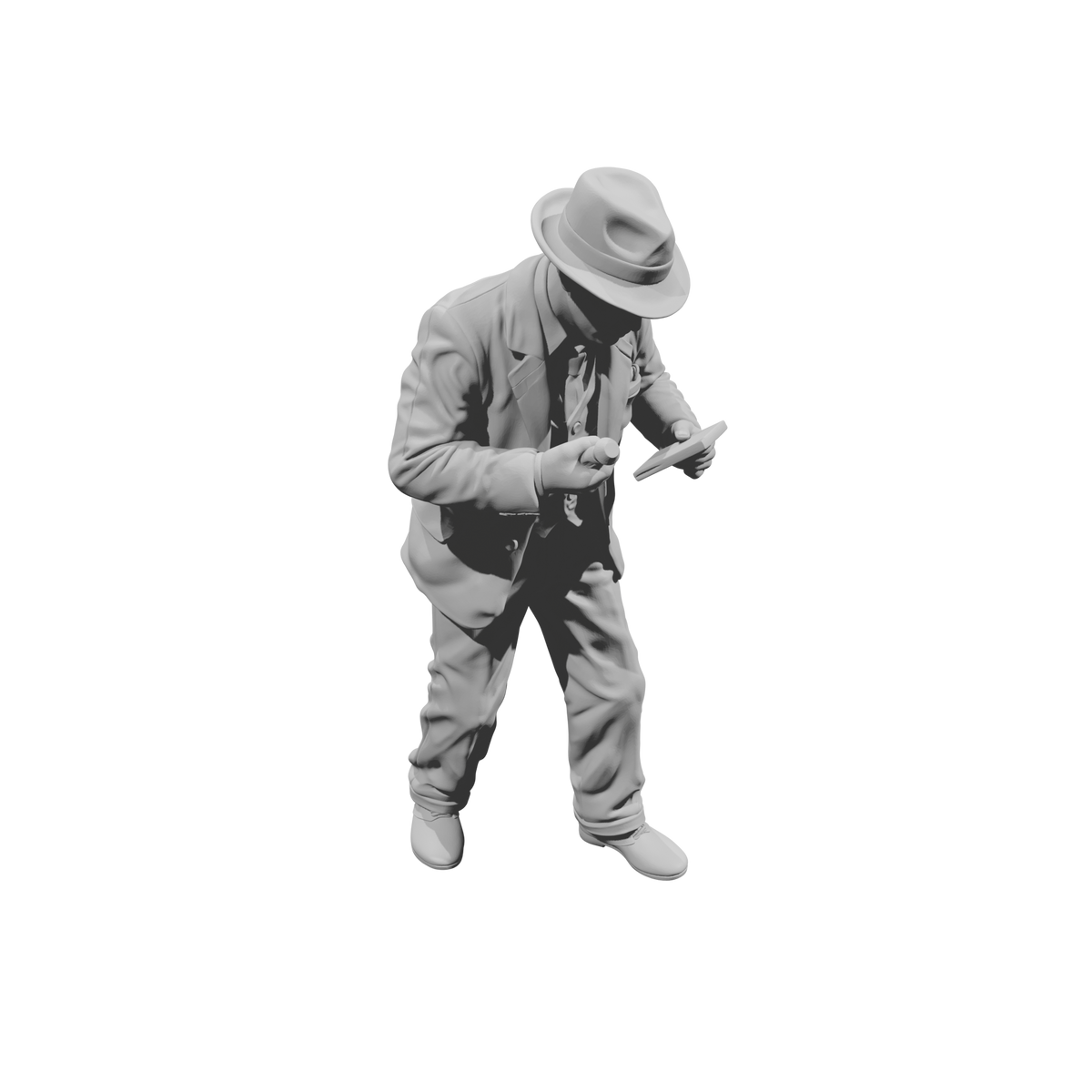 MM1481 Standing Gentleman in Suit and Fedora Looking Down at Notepad and Stamp
