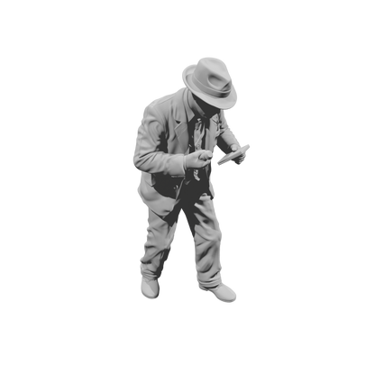 MM1481 Standing Gentleman in Suit and Fedora Looking Down at Notepad and Stamp