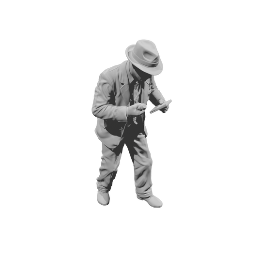 MM1481 Standing Gentleman in Suit and Fedora Looking Down at Notepad and Stamp