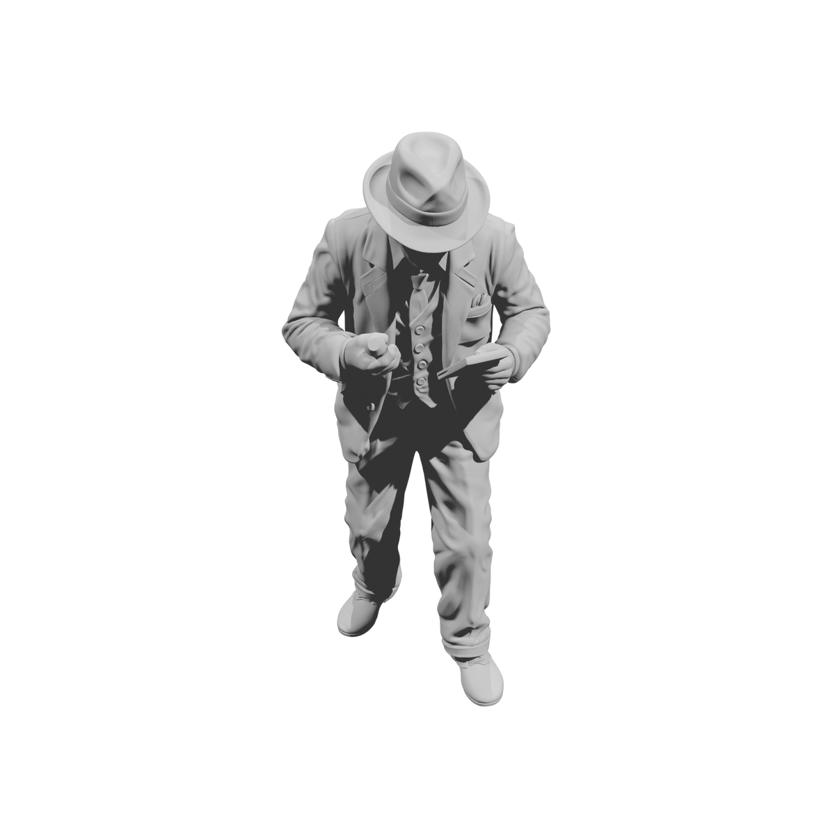 MM1481 Standing Gentleman in Suit and Fedora Looking Down at Notepad and Stamp