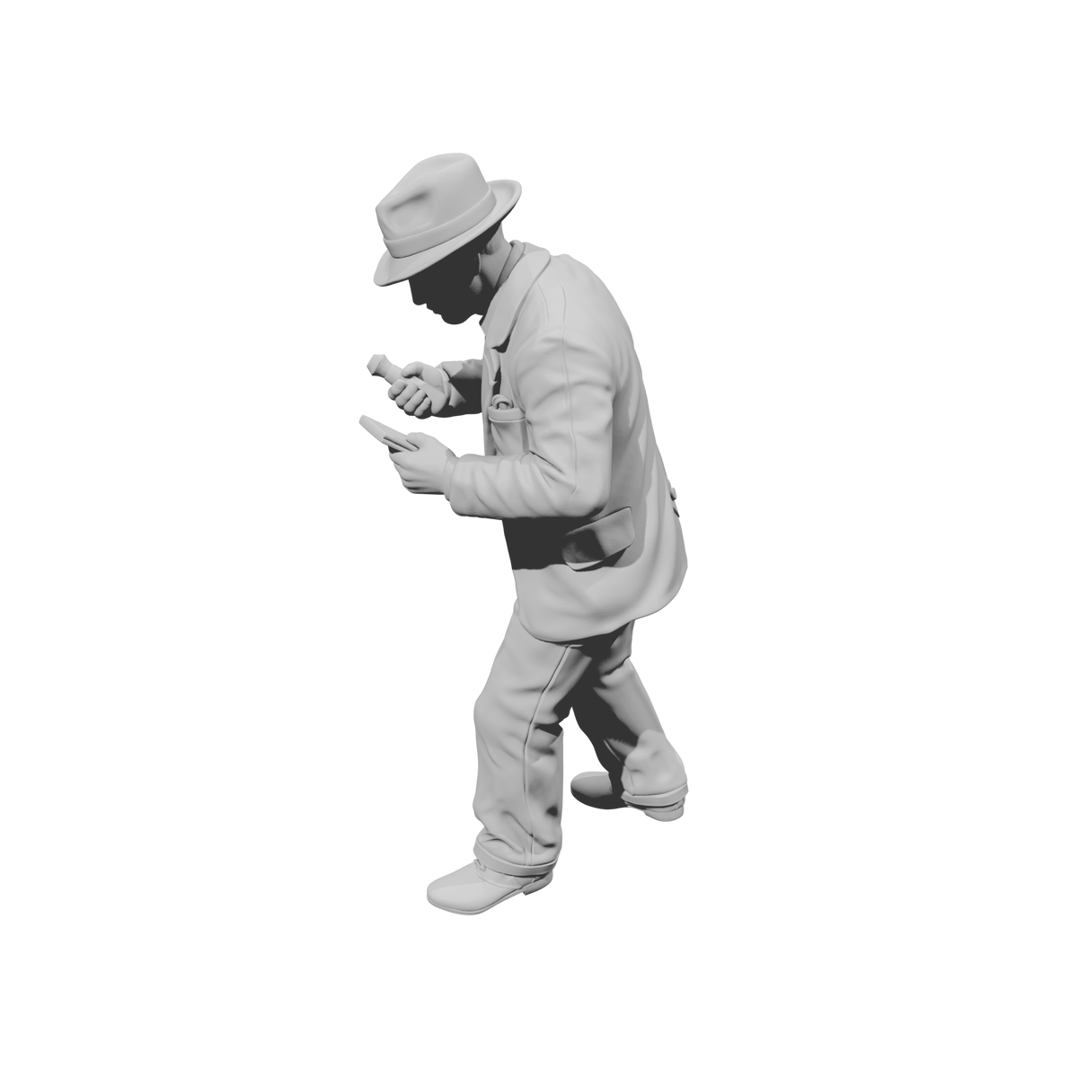 MM1481 Standing Gentleman in Suit and Fedora Looking Down at Notepad and Stamp
