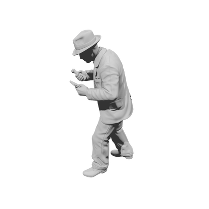 MM1481 Standing Gentleman in Suit and Fedora Looking Down at Notepad and Stamp