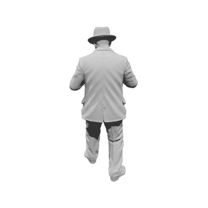 MM1481 Standing Gentleman in Suit and Fedora Looking Down at Notepad and Stamp