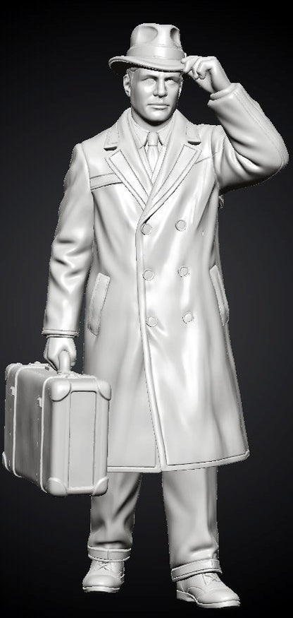 MM1496 Walking Gentleman in Overcoat Holding Fedora Hat and Suitcase