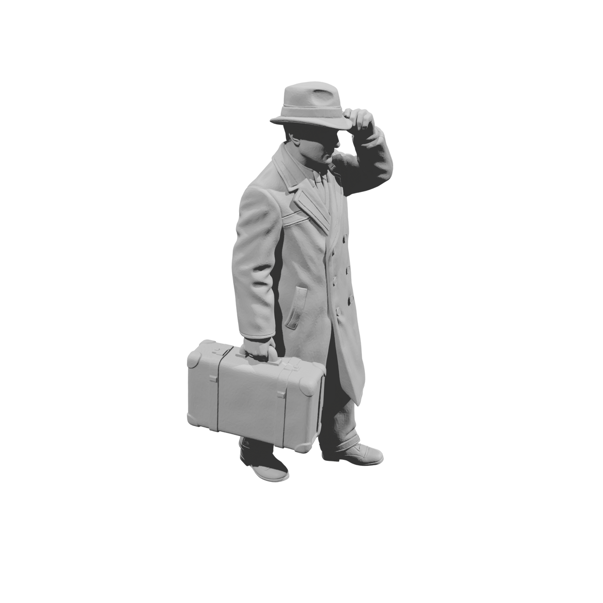 MM1496 Walking Gentleman in Overcoat Holding Fedora Hat and Suitcase