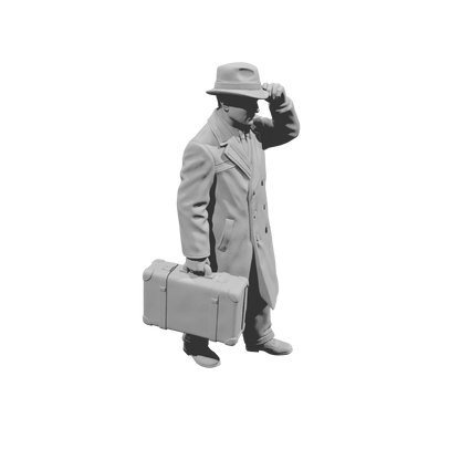 MM1496 Walking Gentleman in Overcoat Holding Fedora Hat and Suitcase
