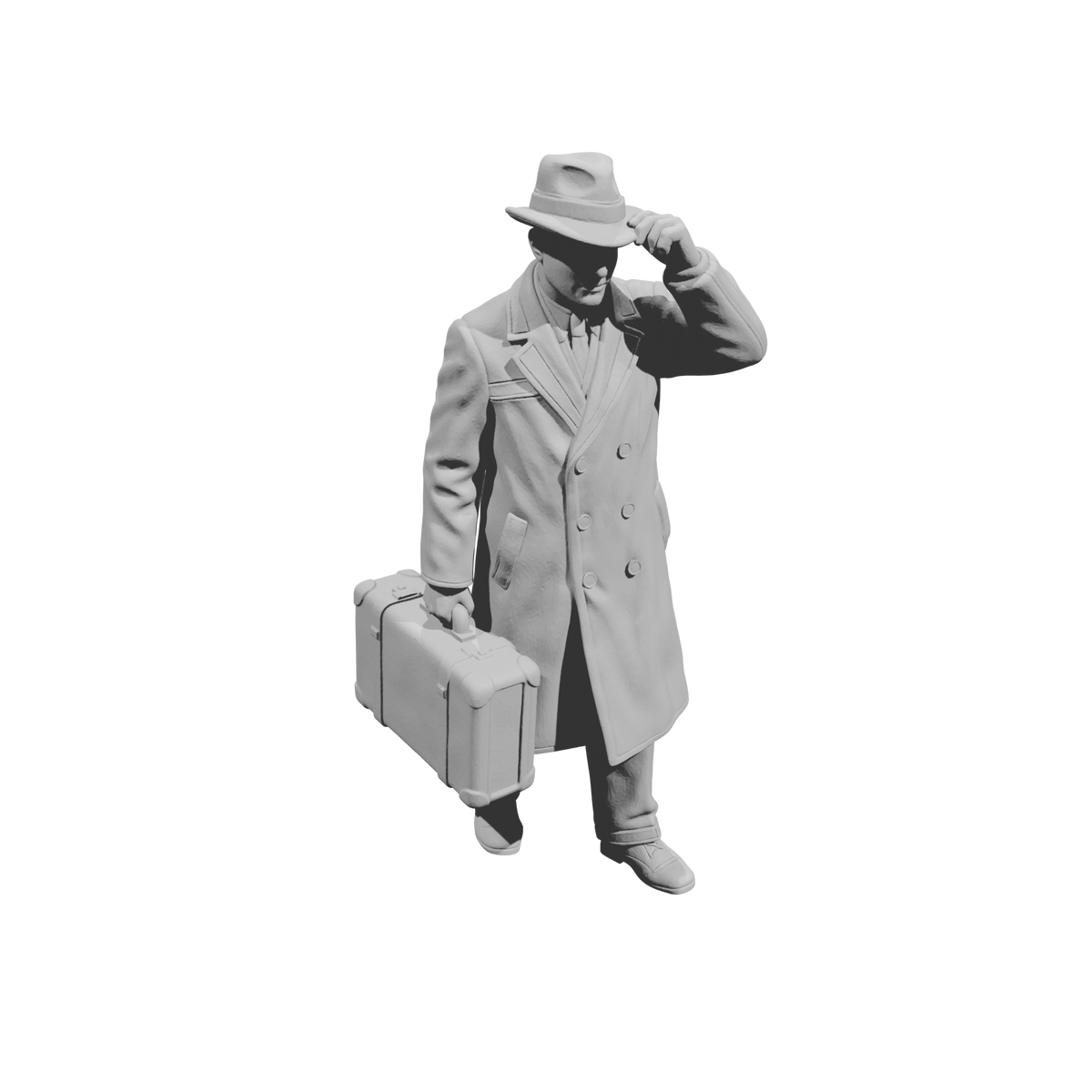 MM1496 Walking Gentleman in Overcoat Holding Fedora Hat and Suitcase