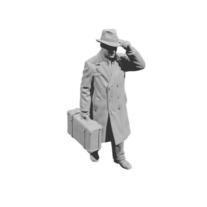 MM1496 Walking Gentleman in Overcoat Holding Fedora Hat and Suitcase