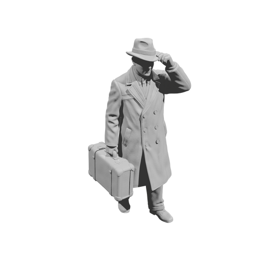 MM1496 Walking Gentleman in Overcoat Holding Fedora Hat and Suitcase