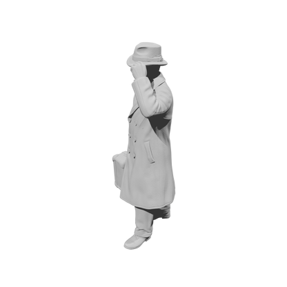 MM1496 Walking Gentleman in Overcoat Holding Fedora Hat and Suitcase