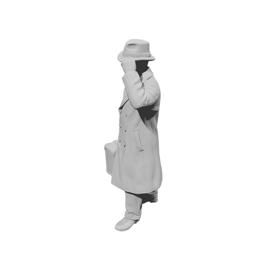 MM1496 Walking Gentleman in Overcoat Holding Fedora Hat and Suitcase