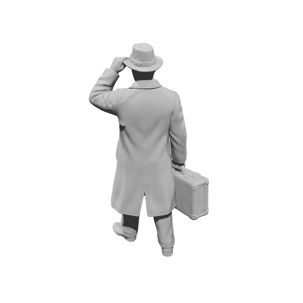 MM1496 Walking Gentleman in Overcoat Holding Fedora Hat and Suitcase