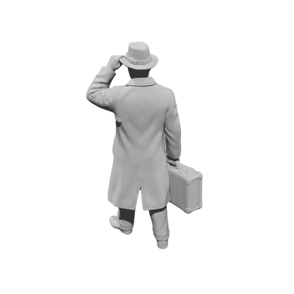 MM1496 Walking Gentleman in Overcoat Holding Fedora Hat and Suitcase
