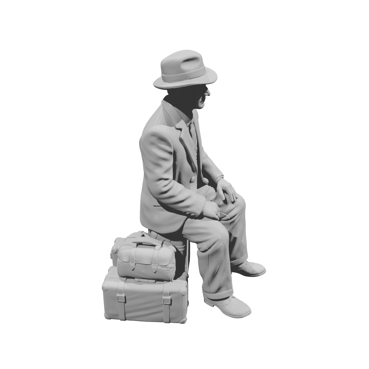 MM1495 Seated Gentleman on Suitcase with Fedora