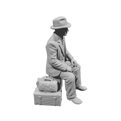 MM1495 Seated Gentleman on Suitcase with Fedora
