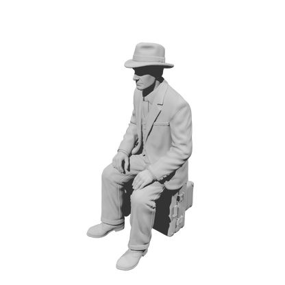 MM1495 Seated Gentleman on Suitcase with Fedora