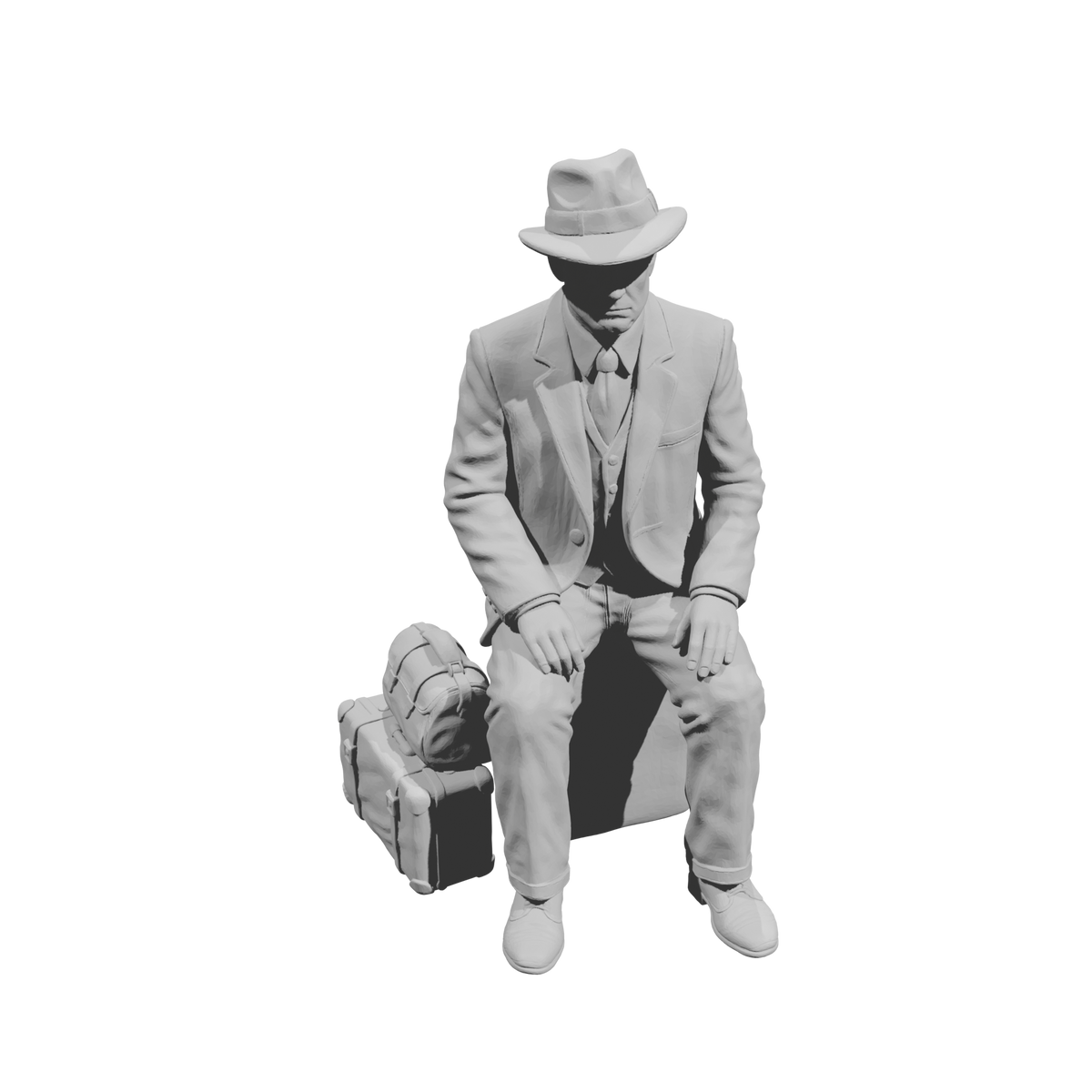 MM1494 Seated Gentleman in Suit and Fedora with Stacked Luggage