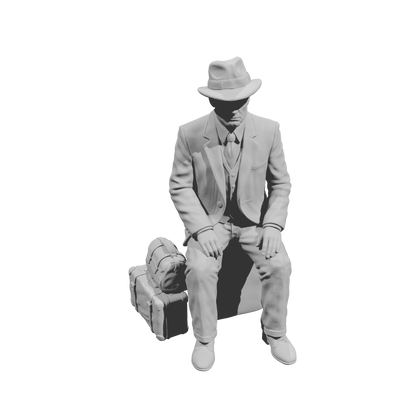 MM1494 Seated Gentleman in Suit and Fedora with Stacked Luggage
