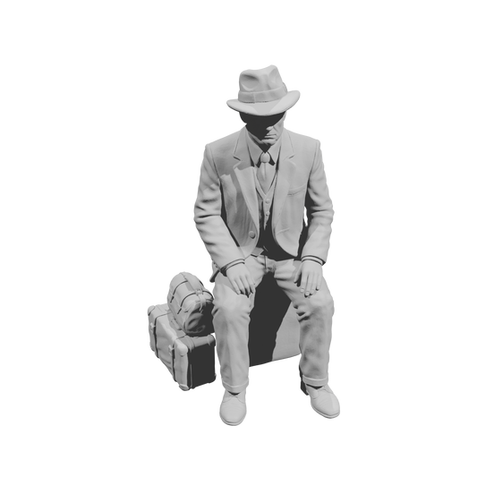 MM1494 Seated Gentleman in Suit and Fedora with Stacked Luggage